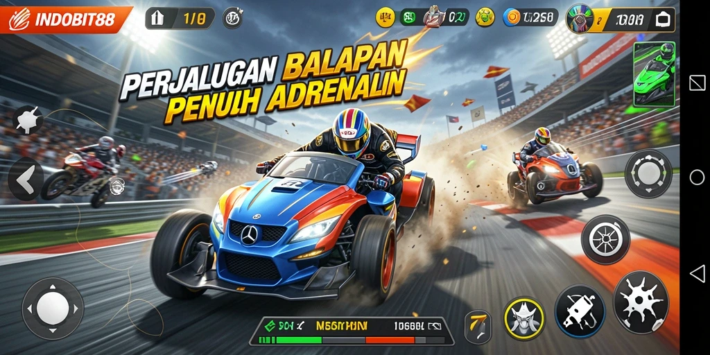 Screenshot INDOBIT88 menampilkan aksi balapan yang seru dan mobil keren.
