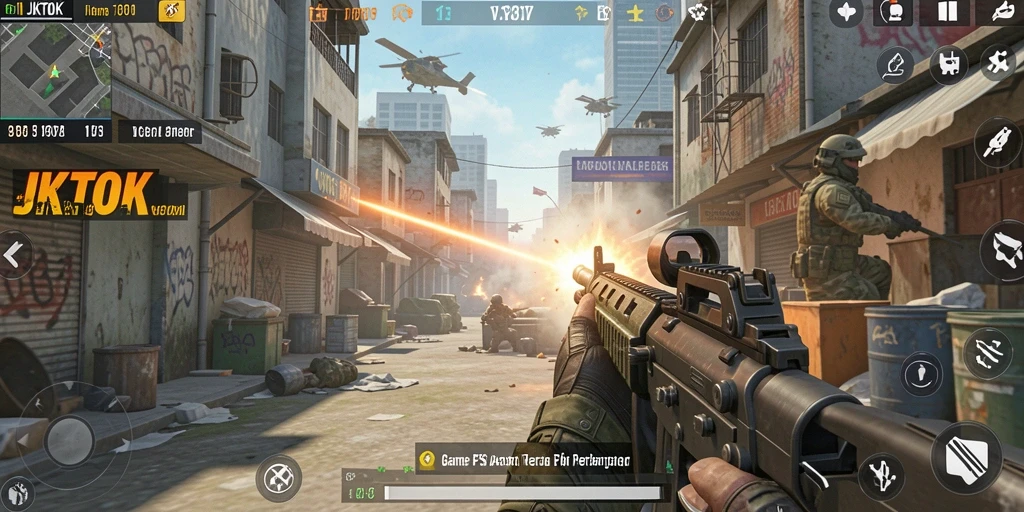 Screenshot gameplay JKTOK menunjukkan pertempuran mendebarkan dalam FPS.