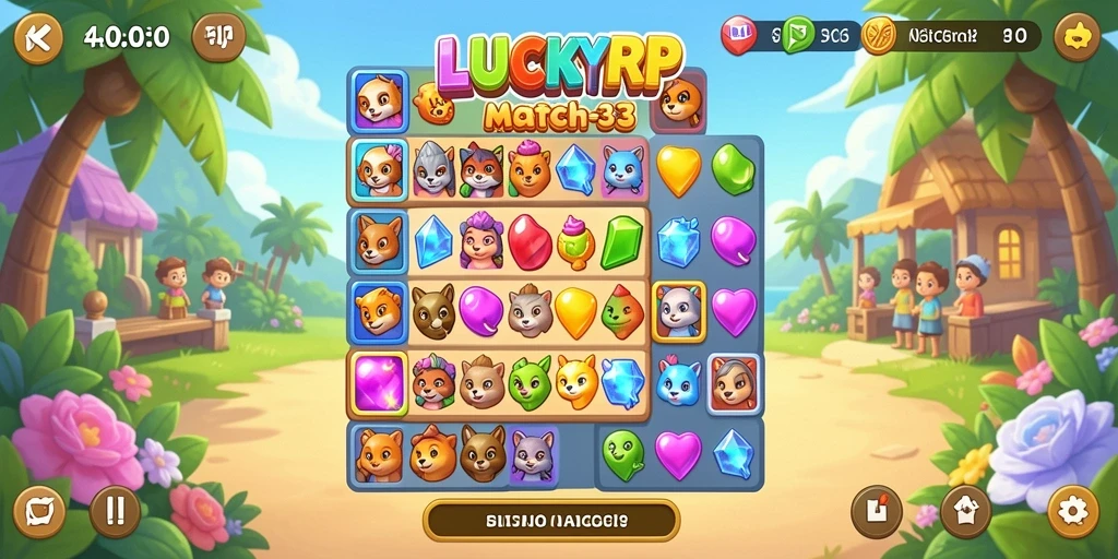 Tampilan gameplay seru LUCKYRP dengan permata berwarna-warni.