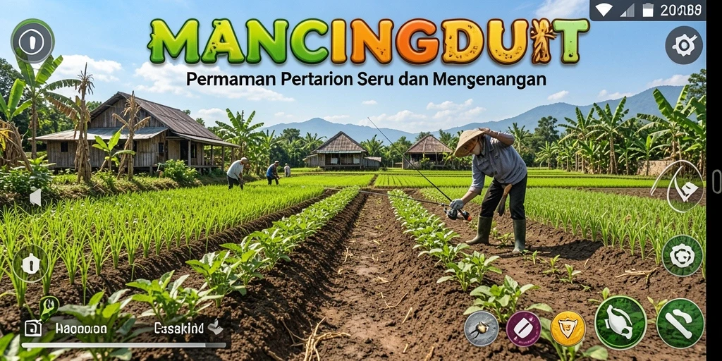Screenshot MANCINGDUIT menampilkan aktivitas berkebun dan memancing yang seru.